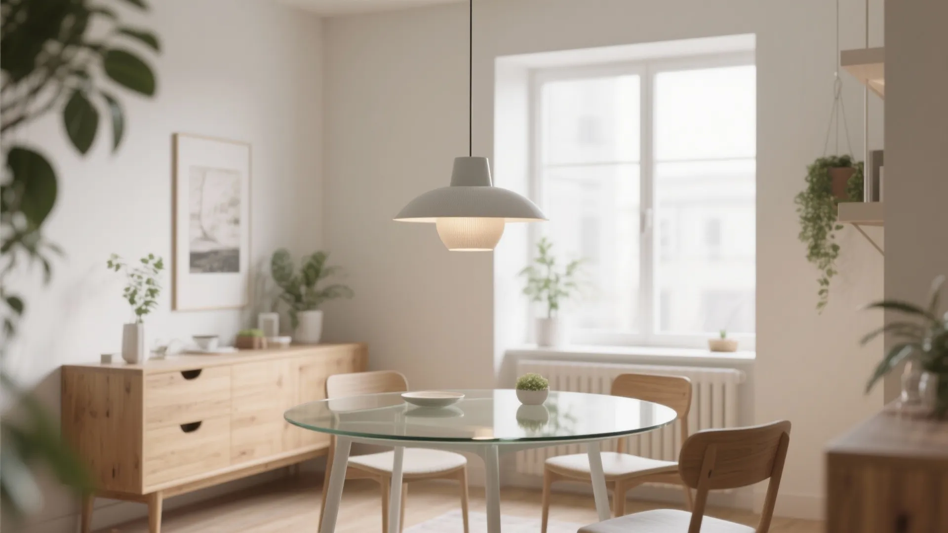 Modern dining room with round glass table wooden cabinet white ceiling light and green plants