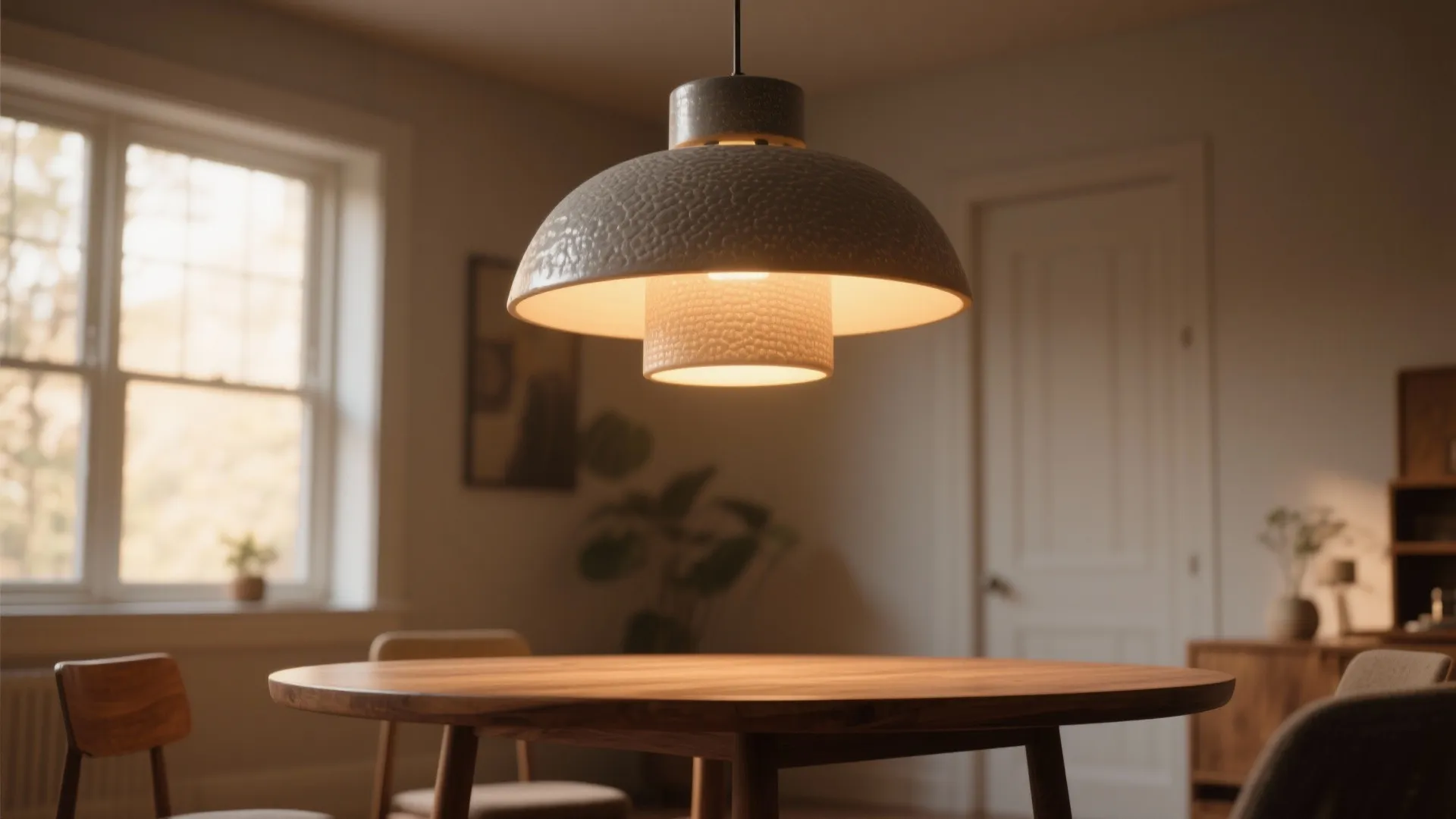 Modern warm ceiling light hanging above a round wooden dining table in a cozy home