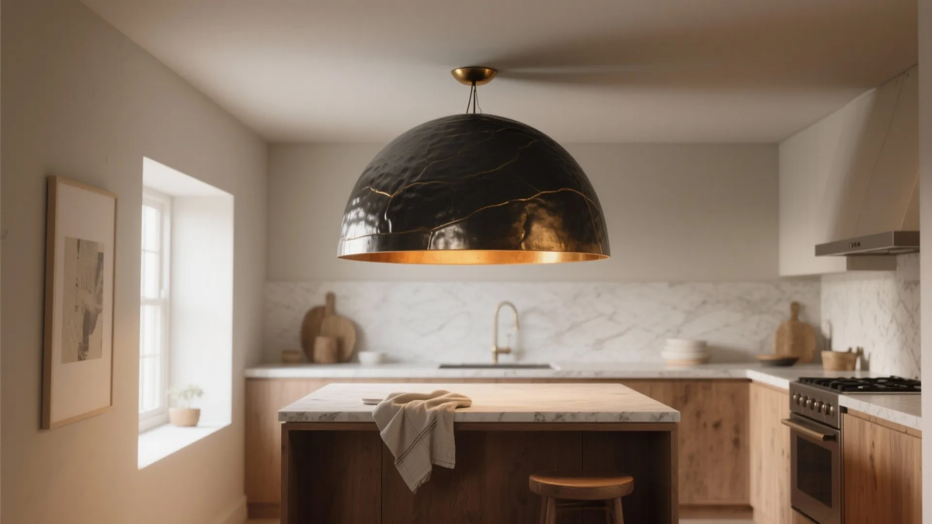 Compact kitchen with one oversized sculptural statement pendant centered above a small island in matte brass and warm wood.