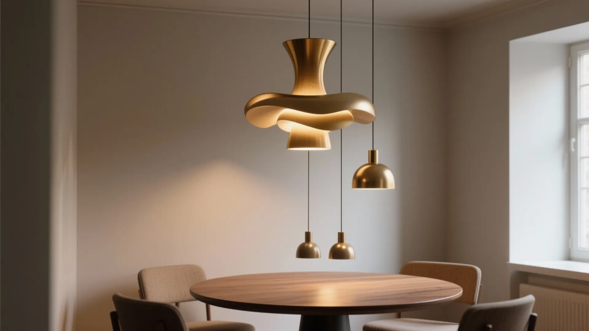 Sculptural pendant lighting over a small dining table with a warm dimmable glow.