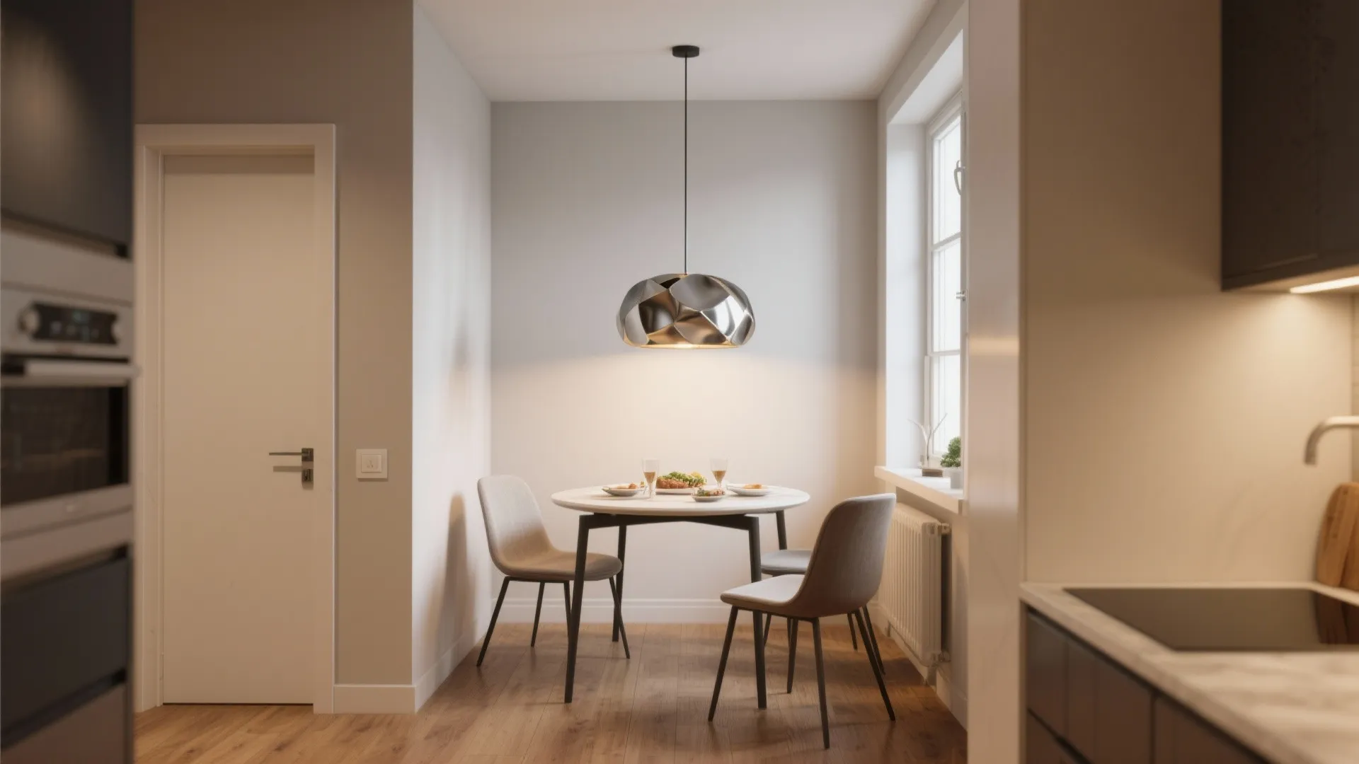 Modern small dining area with a round white table two chairs and silver ceiling light