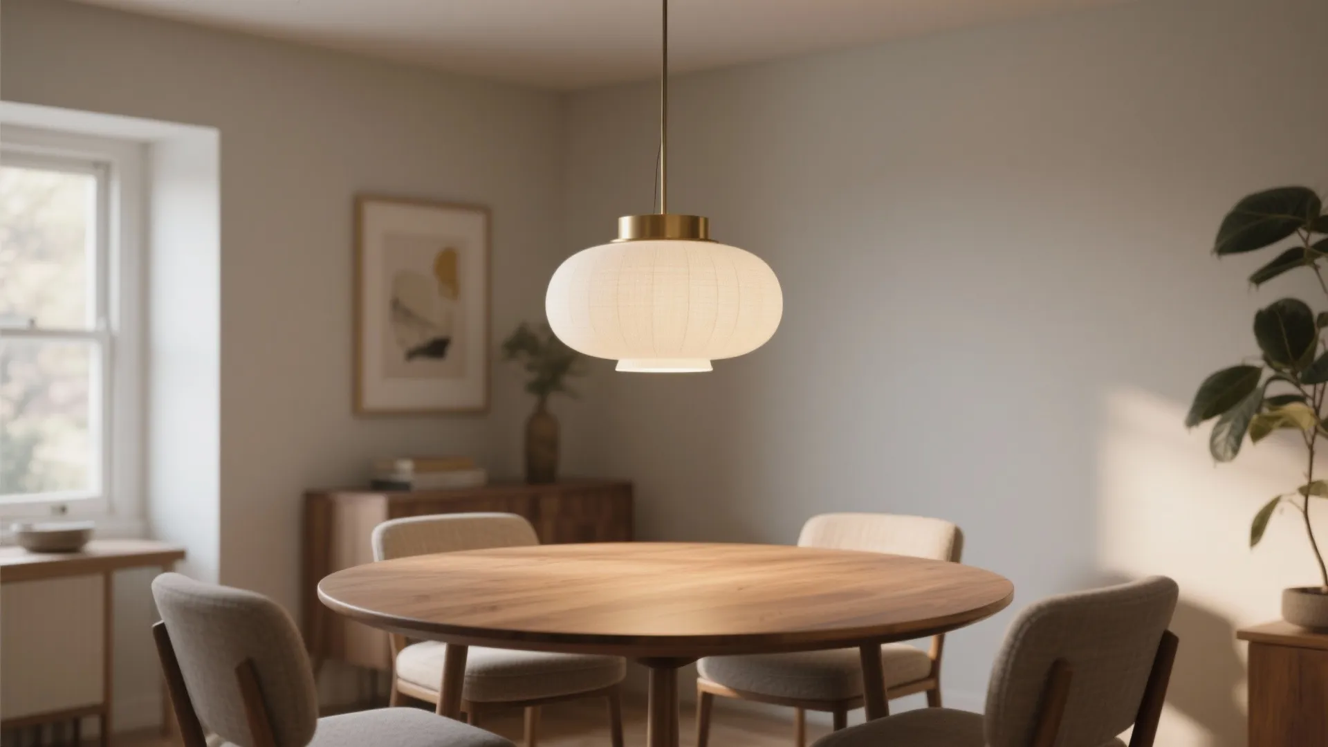 Modern dining room featuring a round wooden table chairs and a large white ceiling light