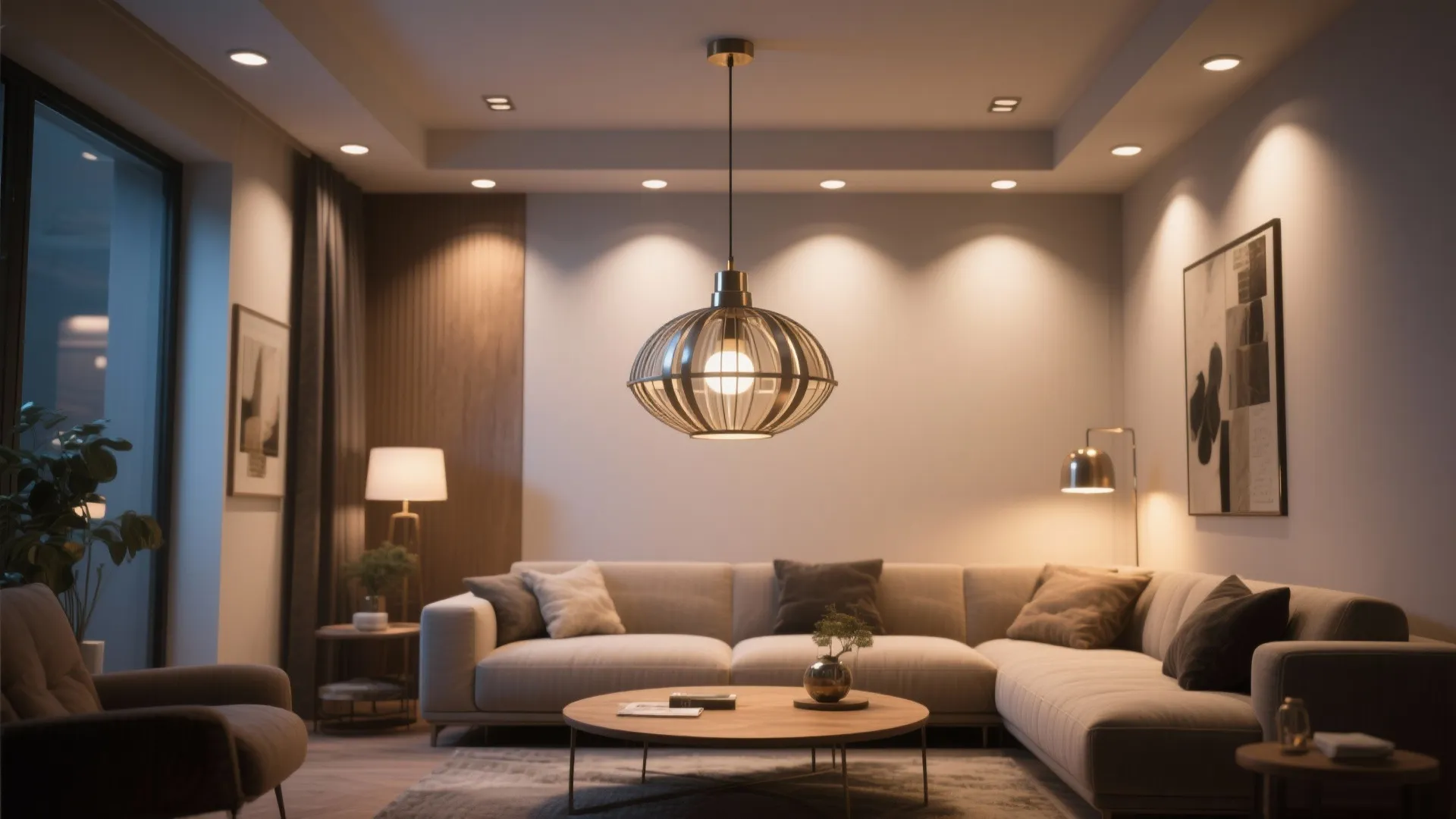 Modern living room featuring a large round ceiling light above a beige sofa and table