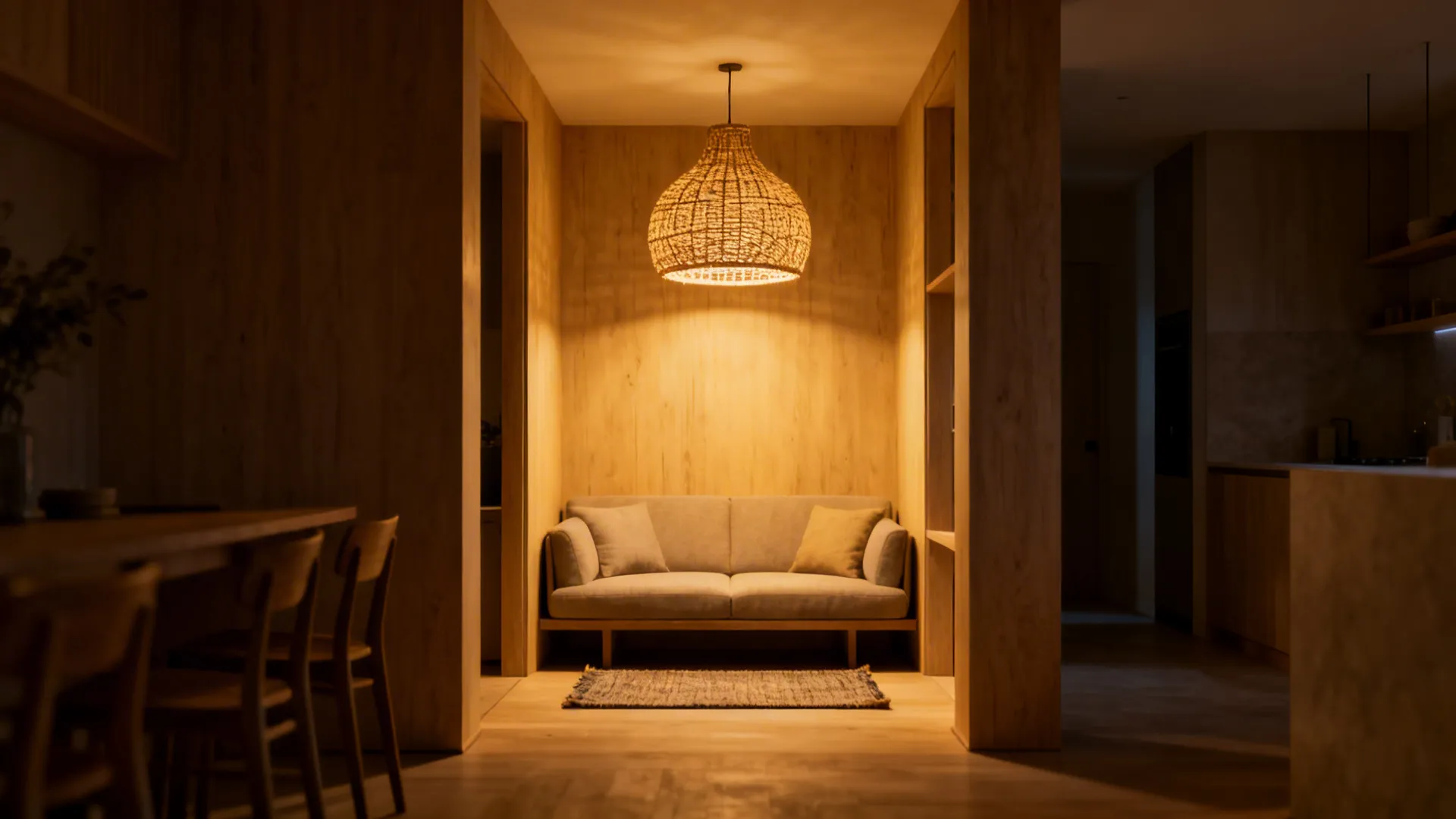 Large woven ceiling light hanging above a small grey sofa in a wooden wall nook