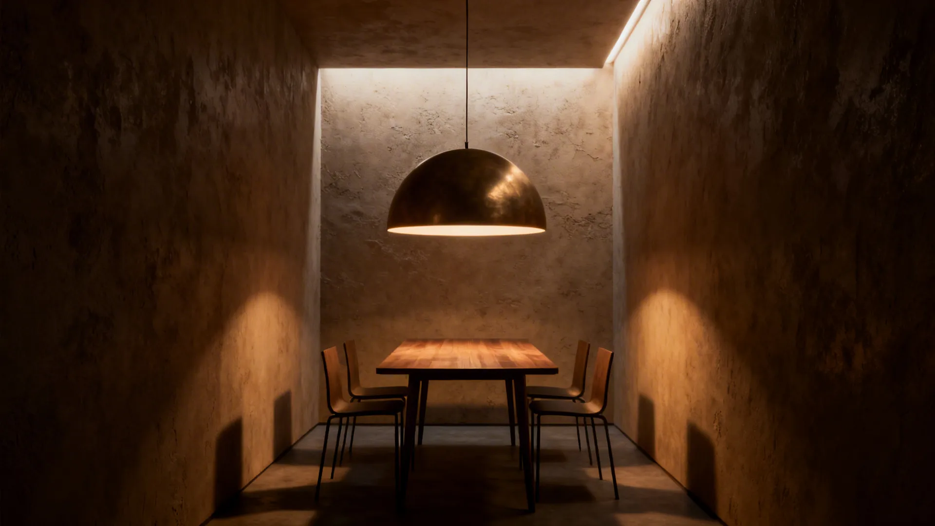 Narrow dining nook with an oversized pendant centered above the table
