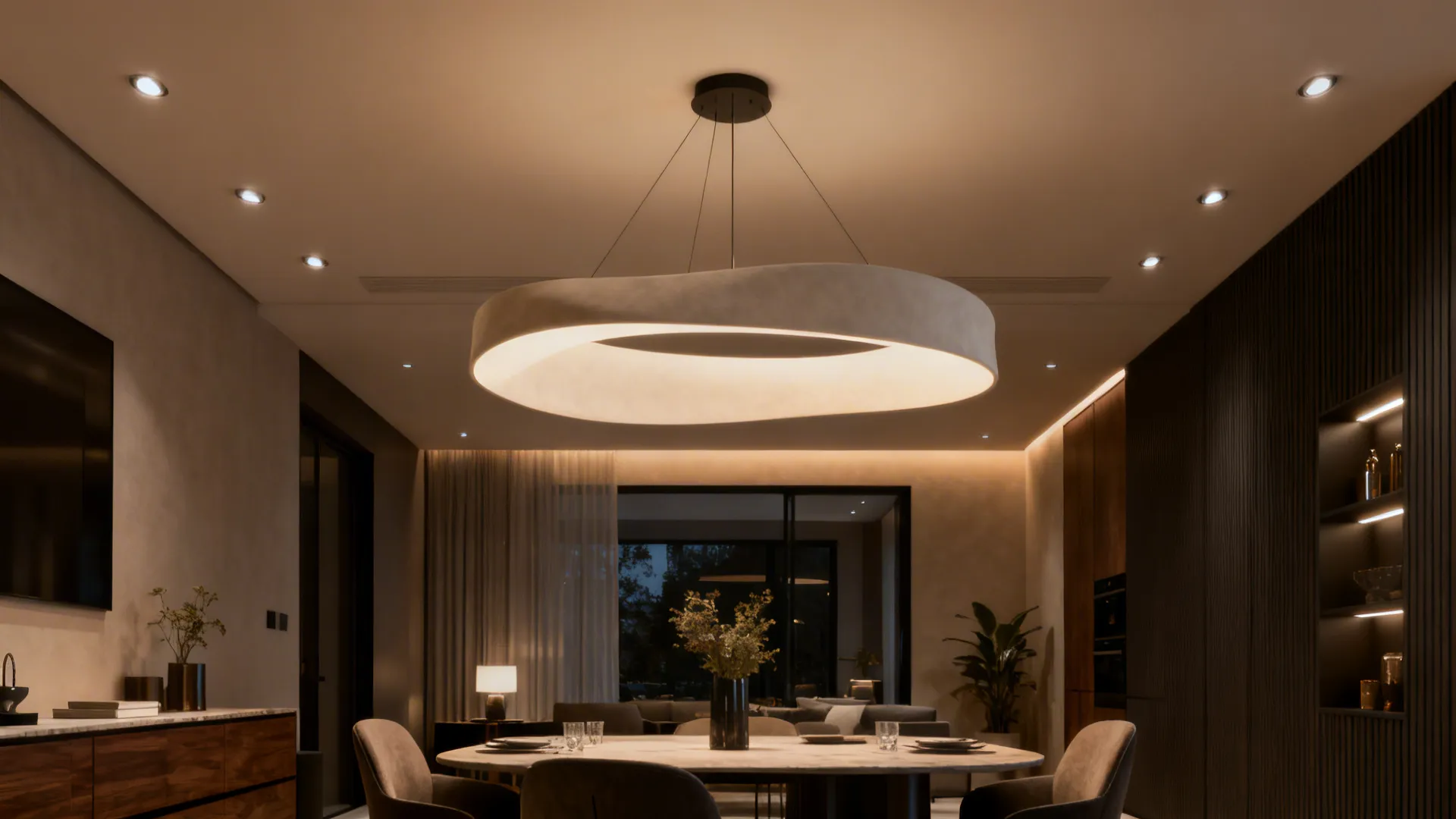 Dining area with a sculptural pendant and recessed cans providing balanced illumination.