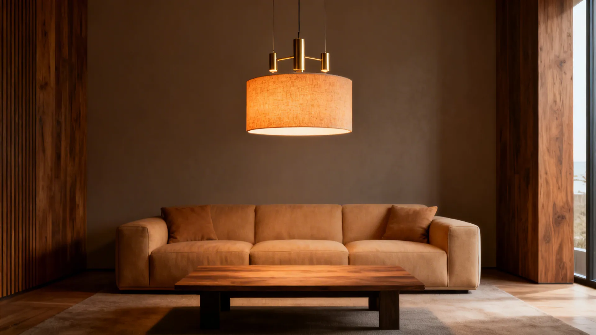 Living room with a bold adjustable pendant light centered over the sofa creating a strong focal point.