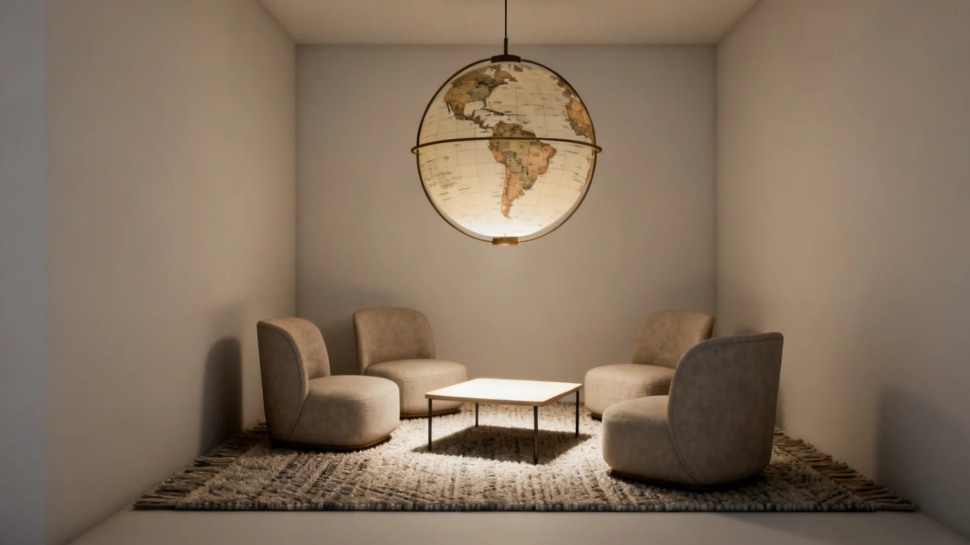 Small seating area anchored by a mid-century globe pendant as a well-scaled focal point.