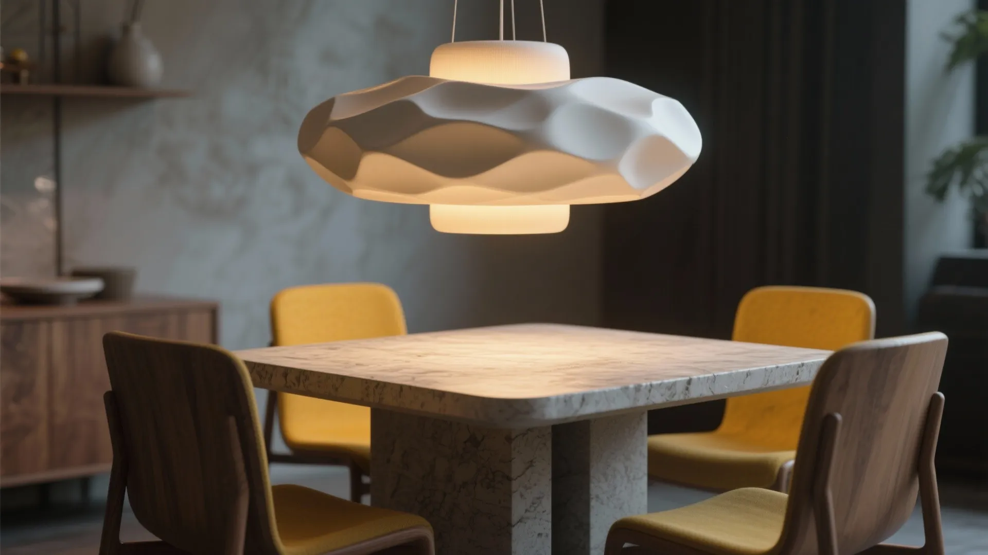 Modern white ceiling light hanging above a marble table with yellow chairs in dining room