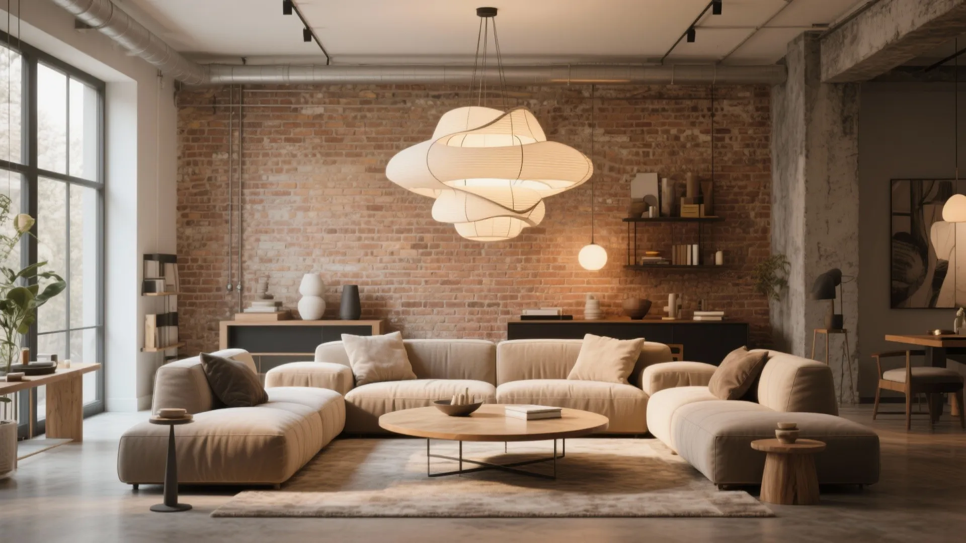 Modern industrial living room with brick wall large white ceiling light and beige sectional sofa