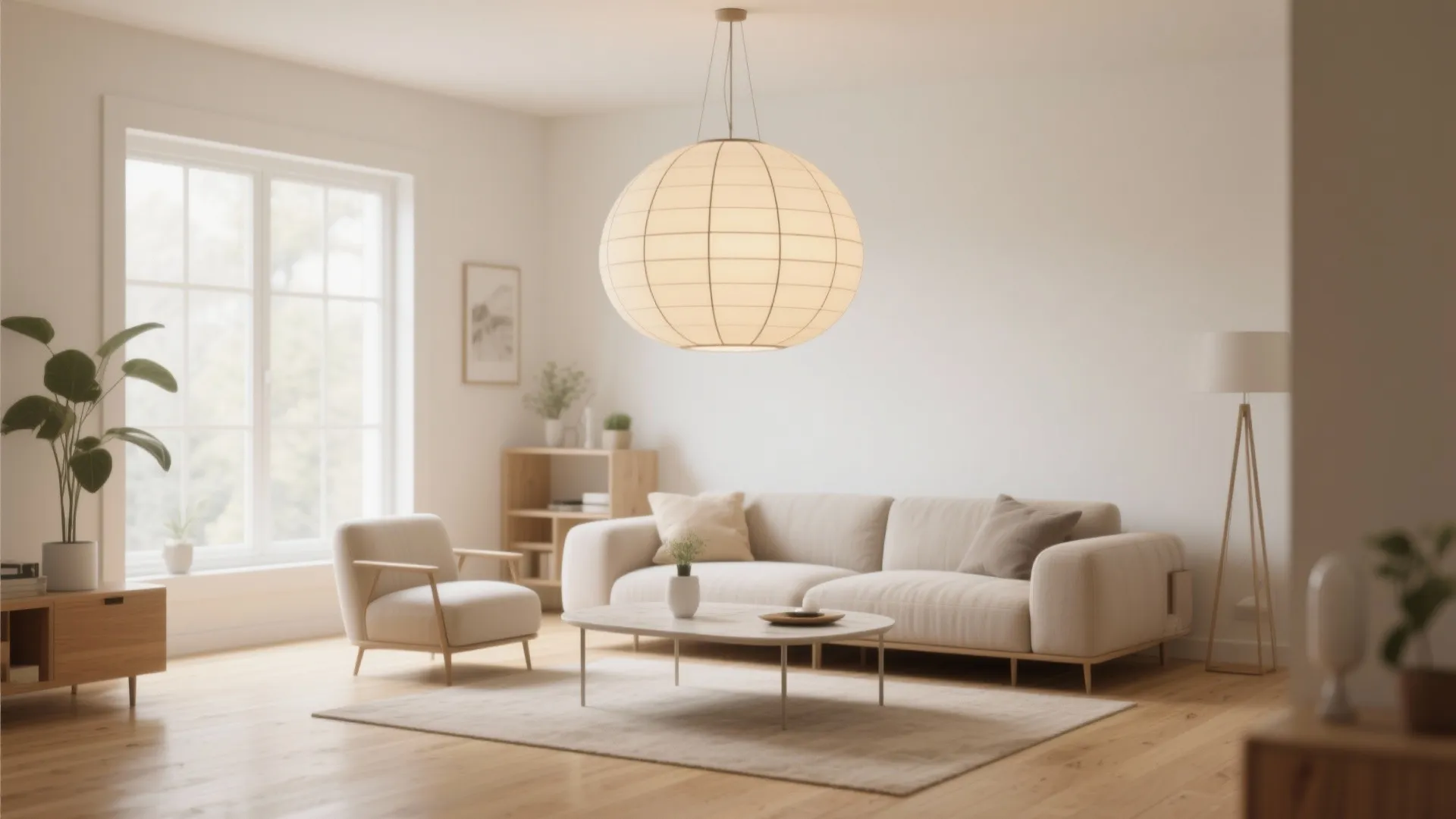 Scandinavian style living room with dome pendant over coffee table