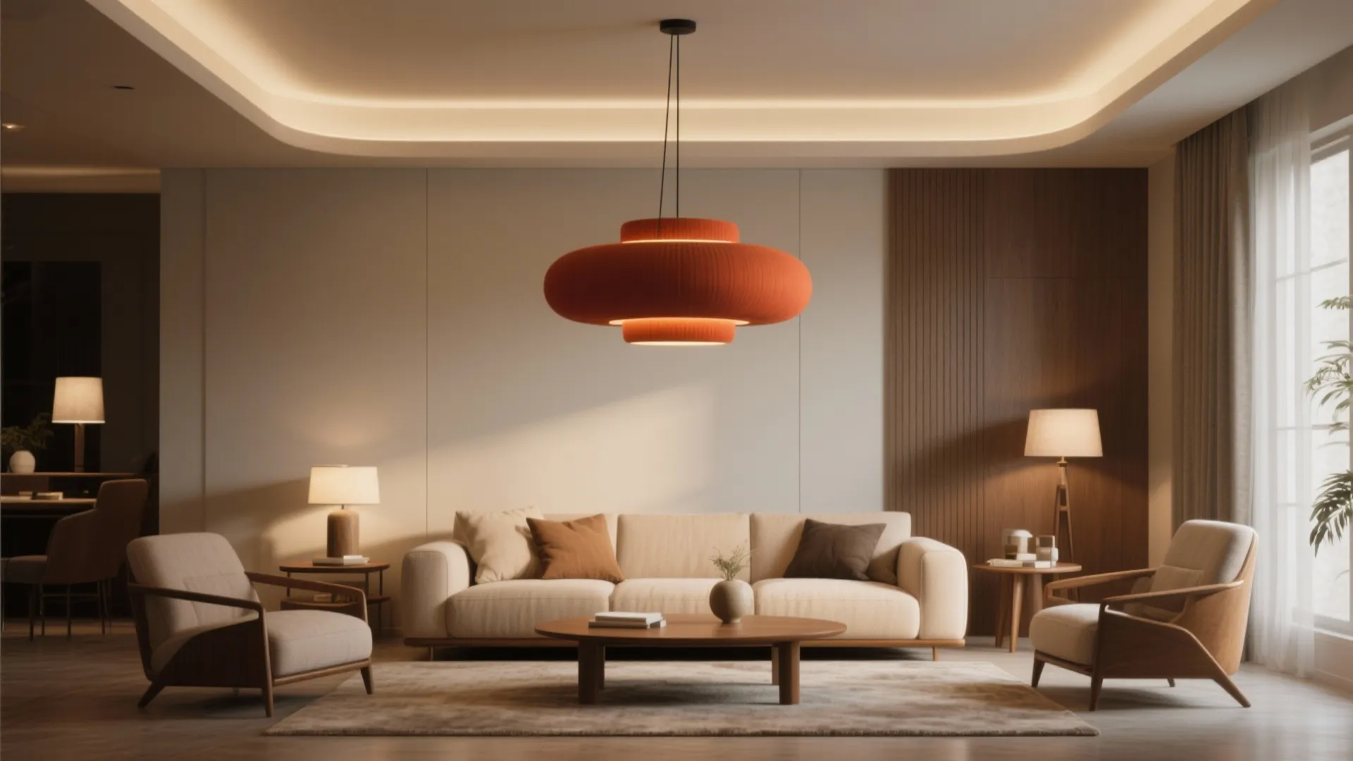 Warm living room featuring large orange ceiling light beige sofa two armchairs and dark wood panel