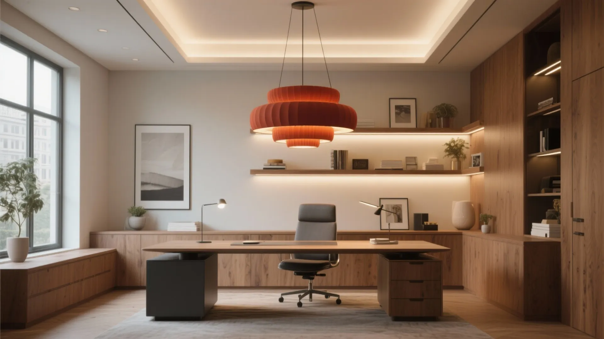Modern office with statement pendant light above desk