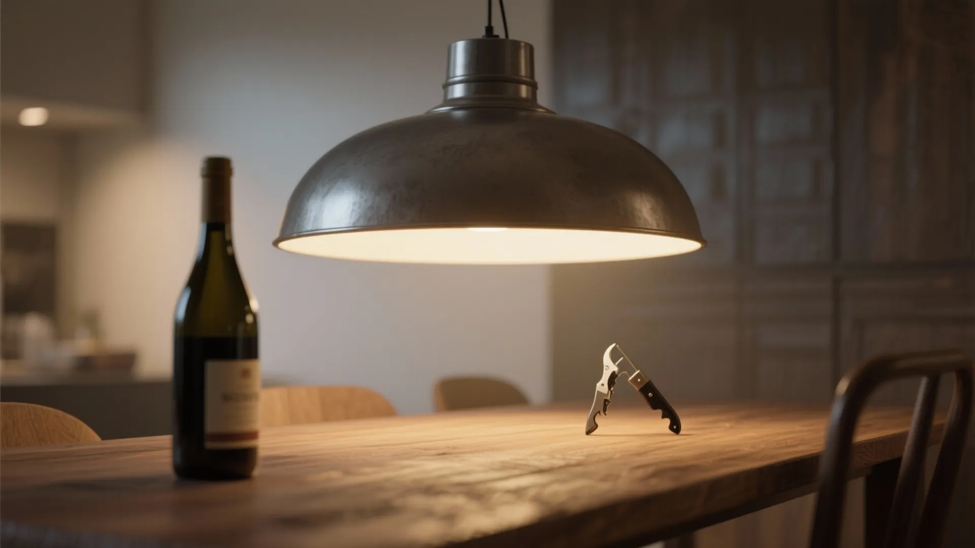 Close up view of a silver ceiling light hanging above a wooden table with wine