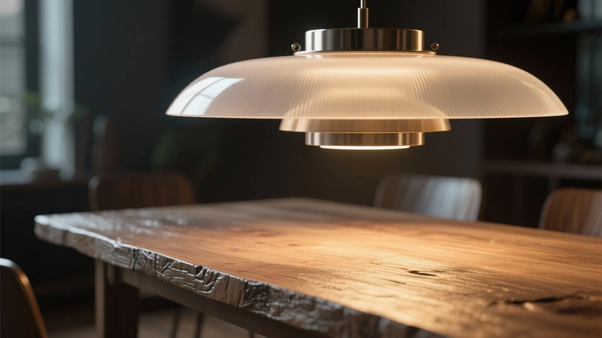 Close-up of an oversized translucent pendant above a wooden dining table edge with warm highlights.