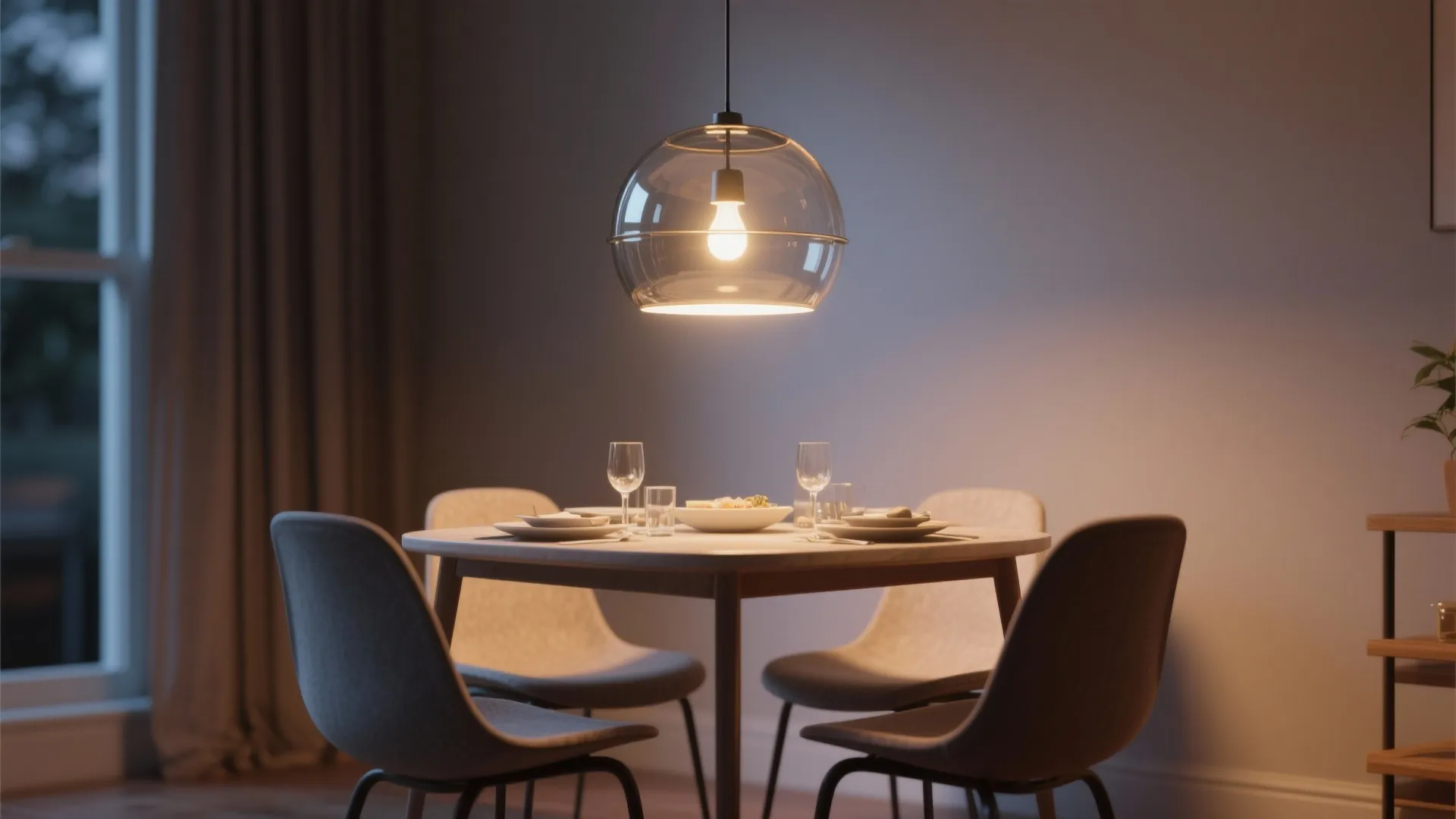 Glass bowl ceiling light hanging over round dining table with four chairs and dinner plates