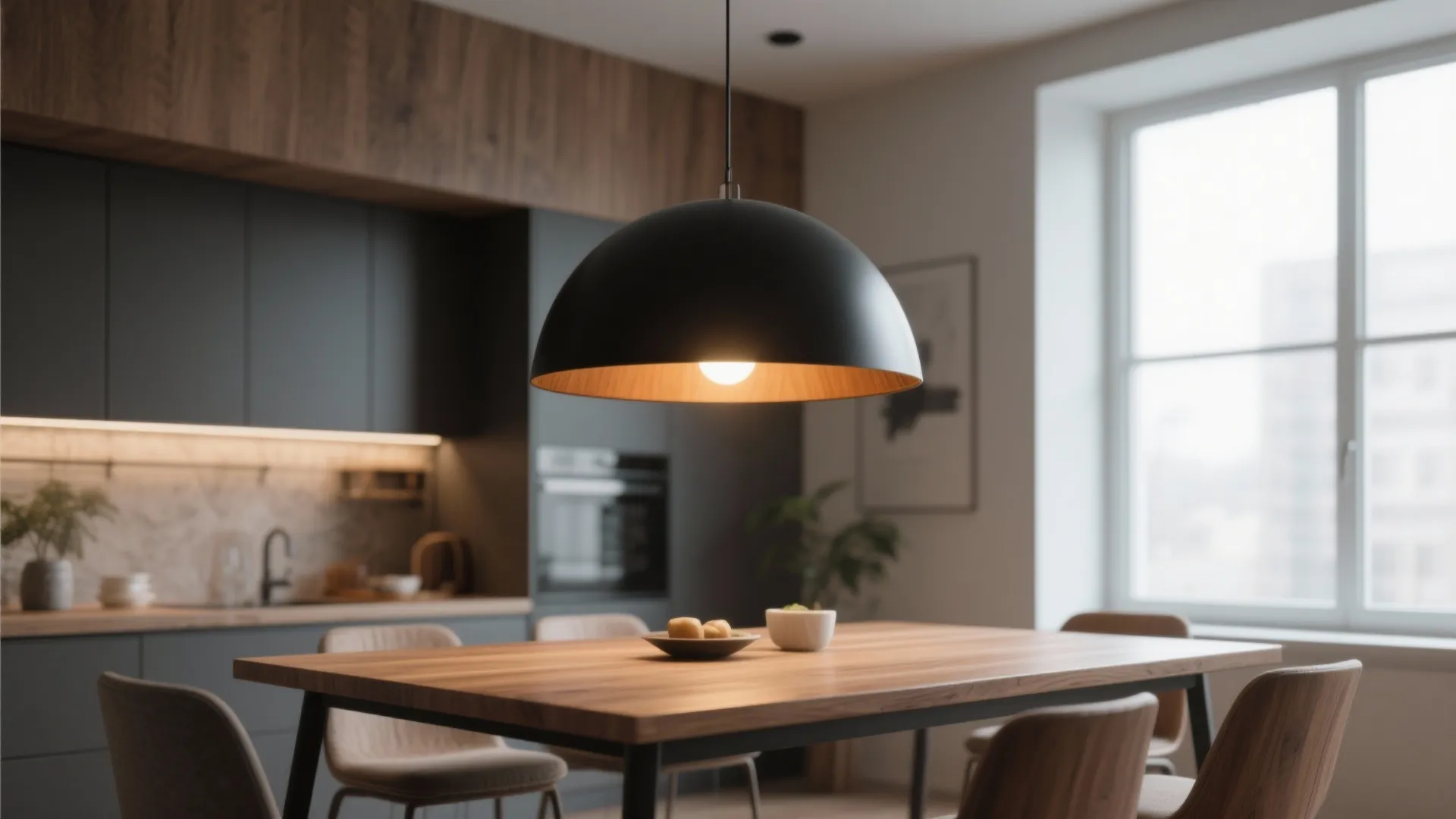 Large black ceiling light hanging over a wooden dining table in a modern grey kitchen