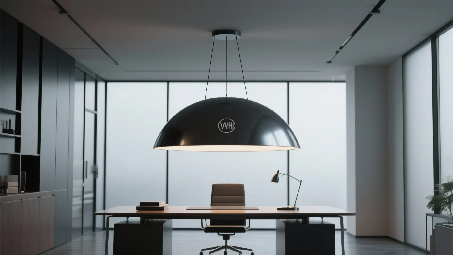 Modern office interior featuring a large black dome ceiling light above a wooden executive desk