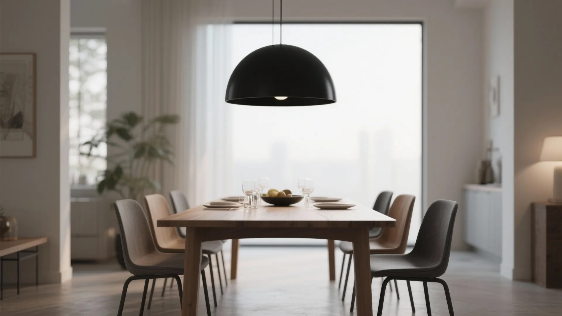 Dining table with a bold matte black dome pendant light