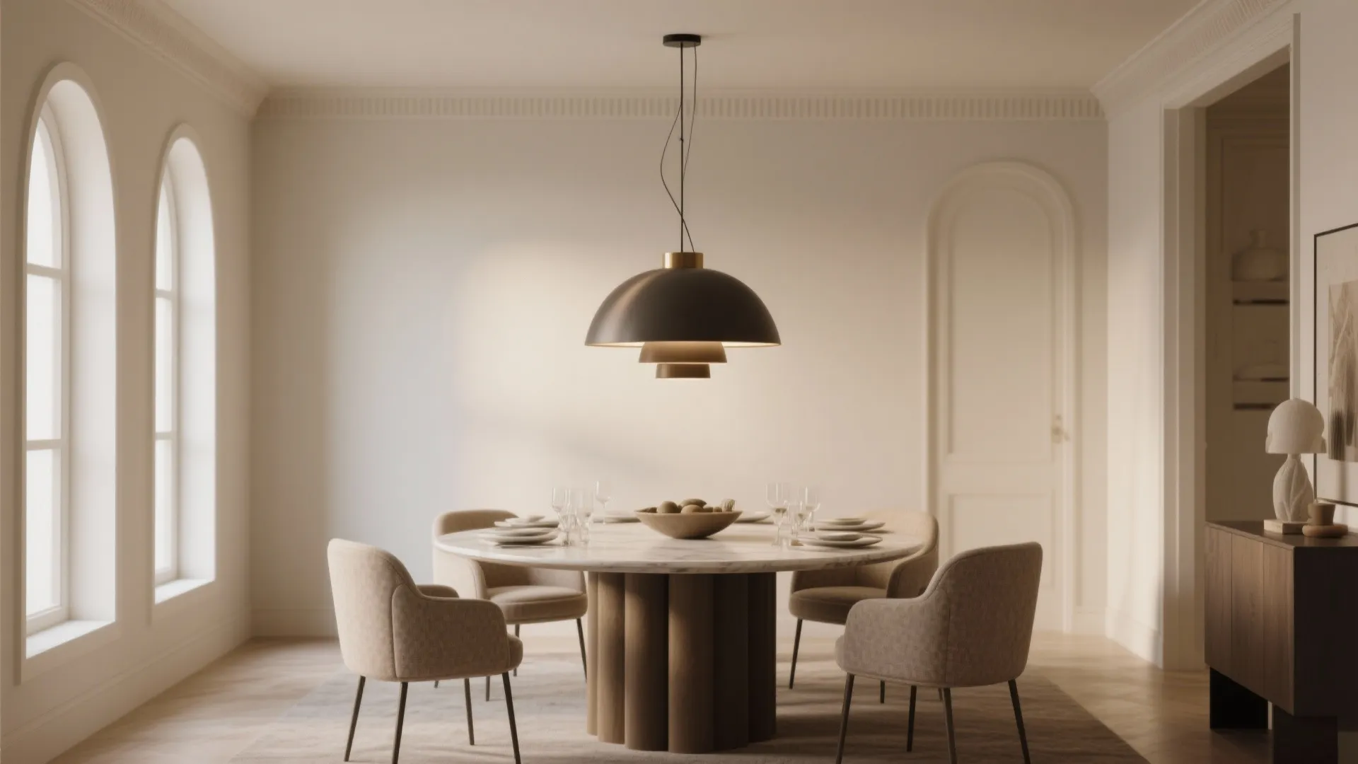 Modern dining room with round marble table beige chairs and large black tiered ceiling light
