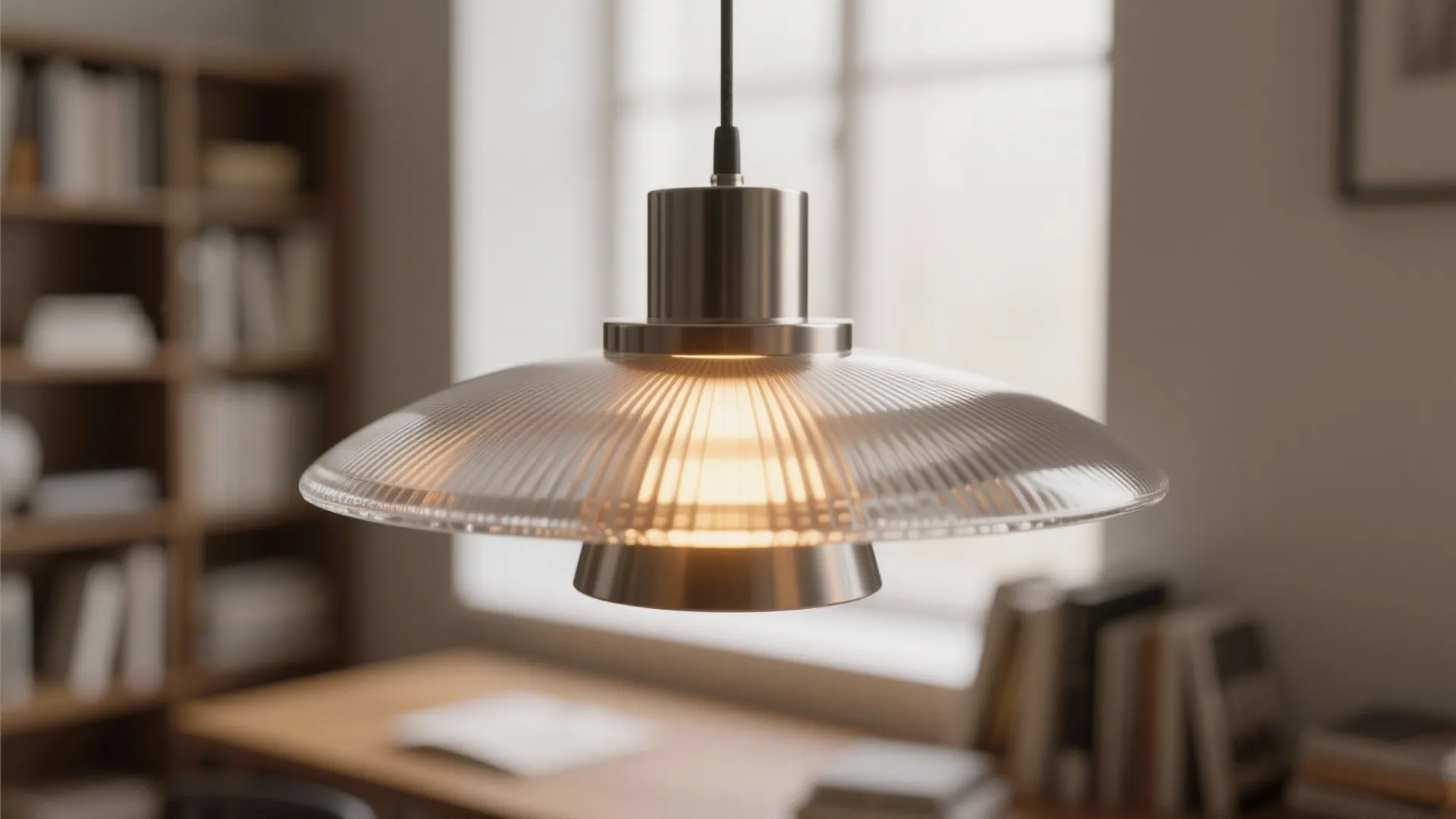 Modern ribbed glass ceiling light hanging in a room with a wooden desk and bookshelf