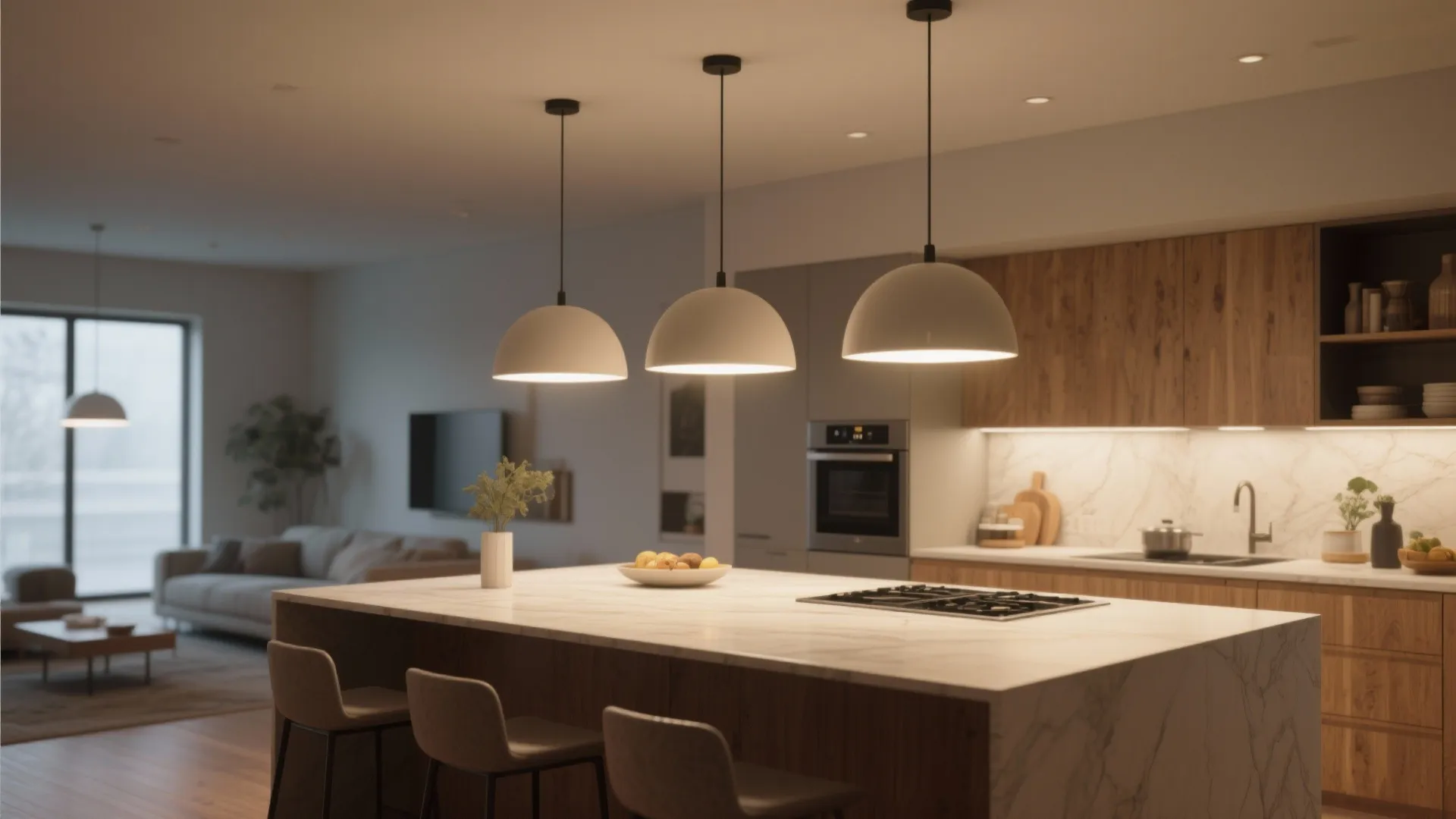 Kitchen island with marble countertop and three white hanging light fixtures in a modern home