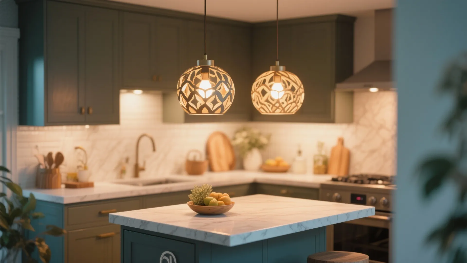 Kitchen island with marble top two decorative patterned ceiling lights green cabinets and stainless steel oven