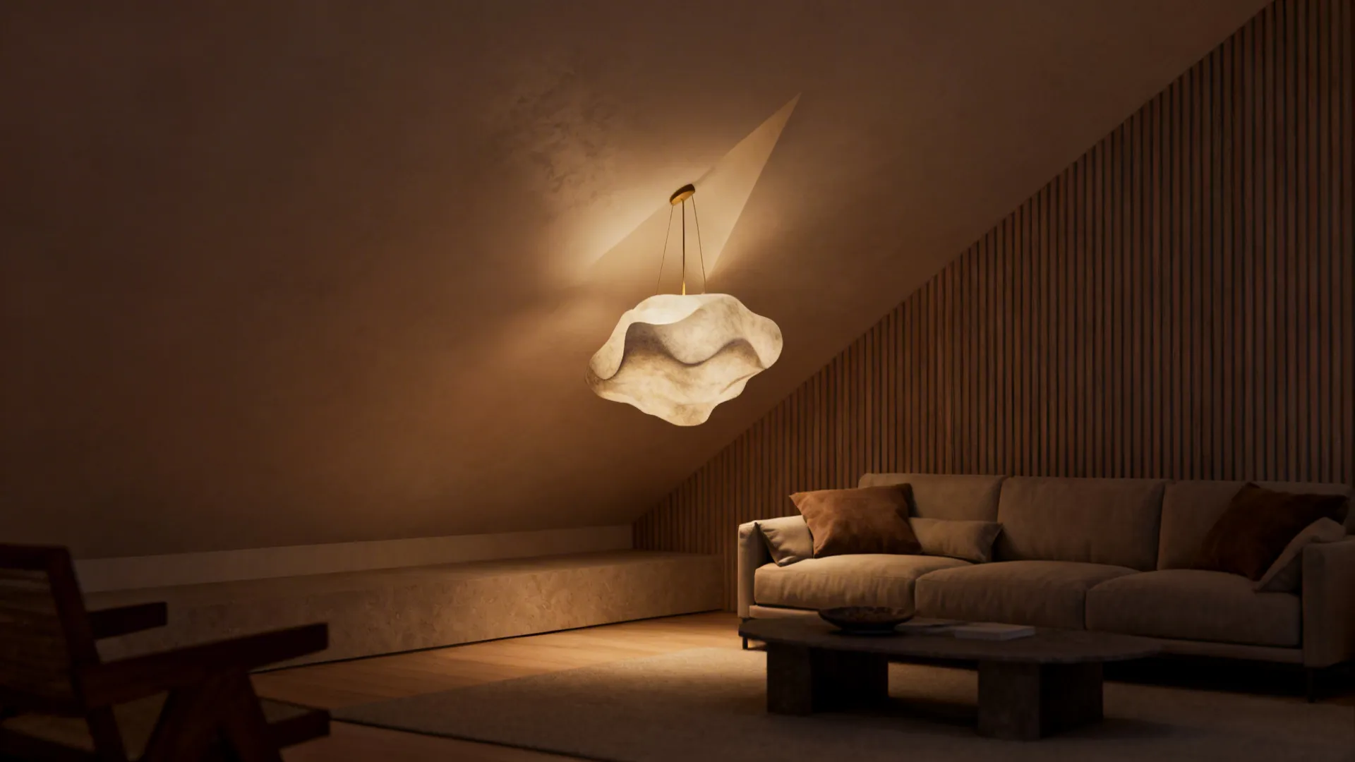 Sculptural statement pendant hung at the lowest point of a sloped ceiling creating a focal anchor.