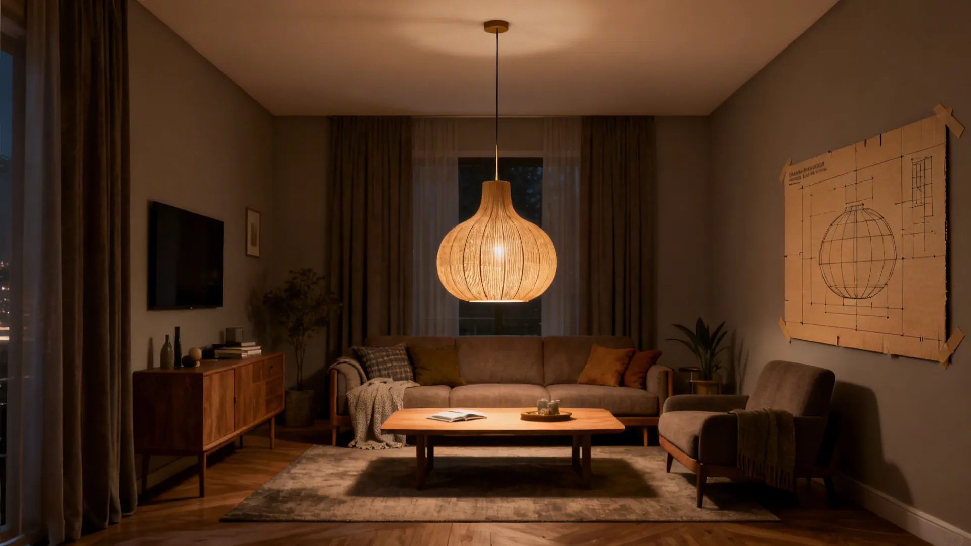 Small living room with a proportionate statement pendant and a cardboard template for scale testing.