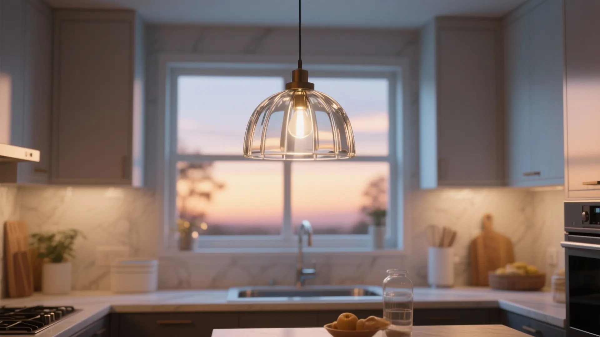 Modern kitchen featuring a glass ceiling light hanging above a counter with a sunset view