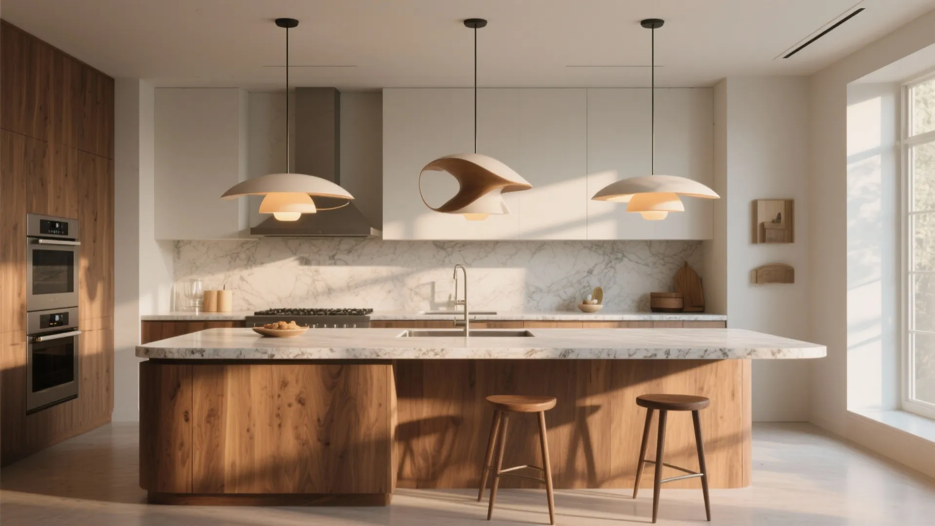 3. Statement pendants over islands with scaled proportions