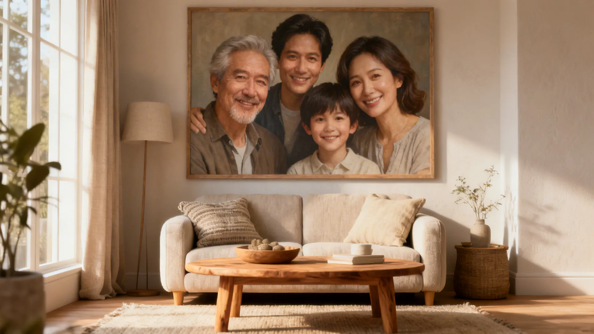 Small living room with an oversized family portrait centered above the sofa at balanced scale.