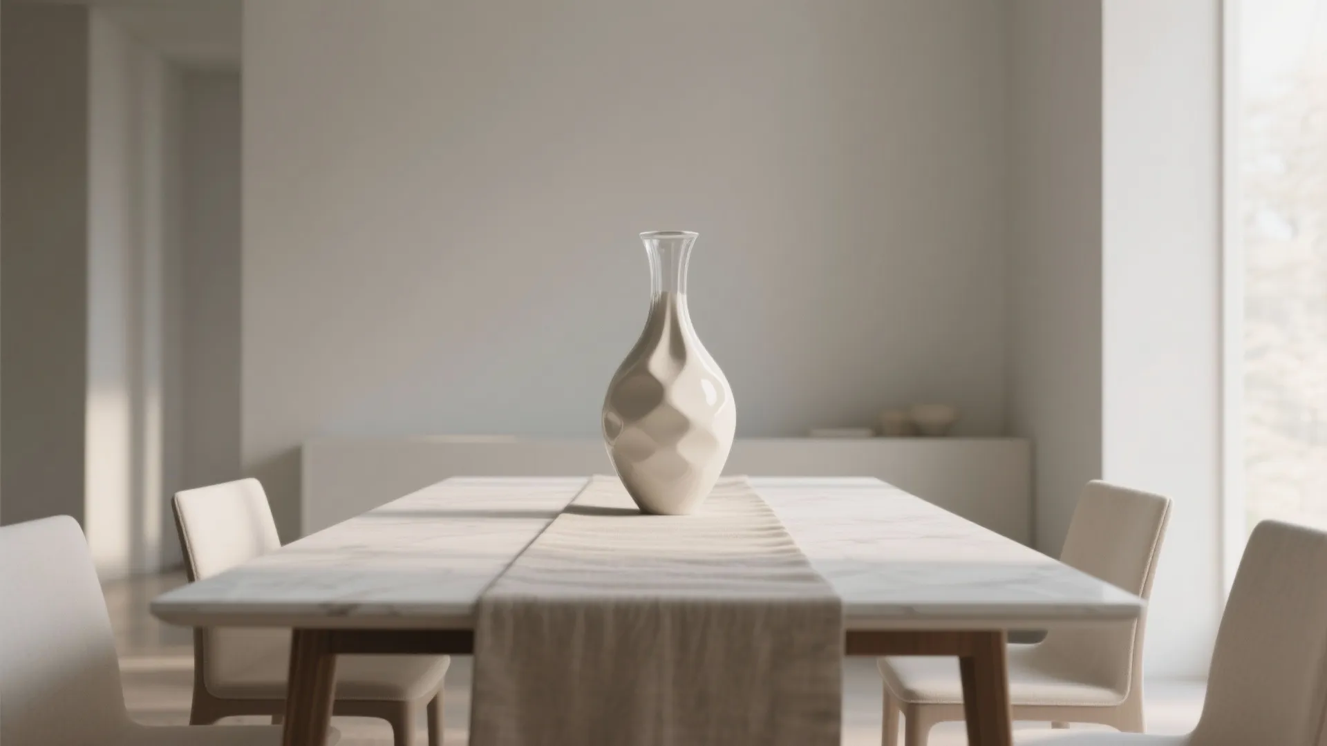Modern white decorative vase on a marble dining table in a bright minimalist home setting