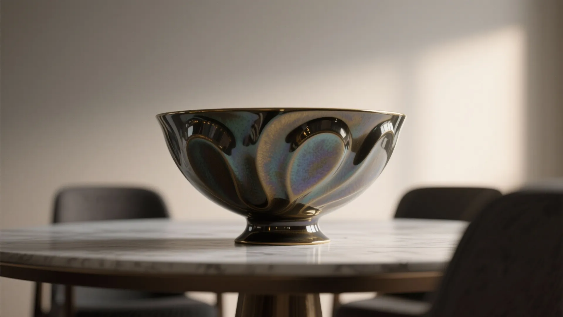 Elegant dark ceramic bowl placed on a round white marble dining table in a room