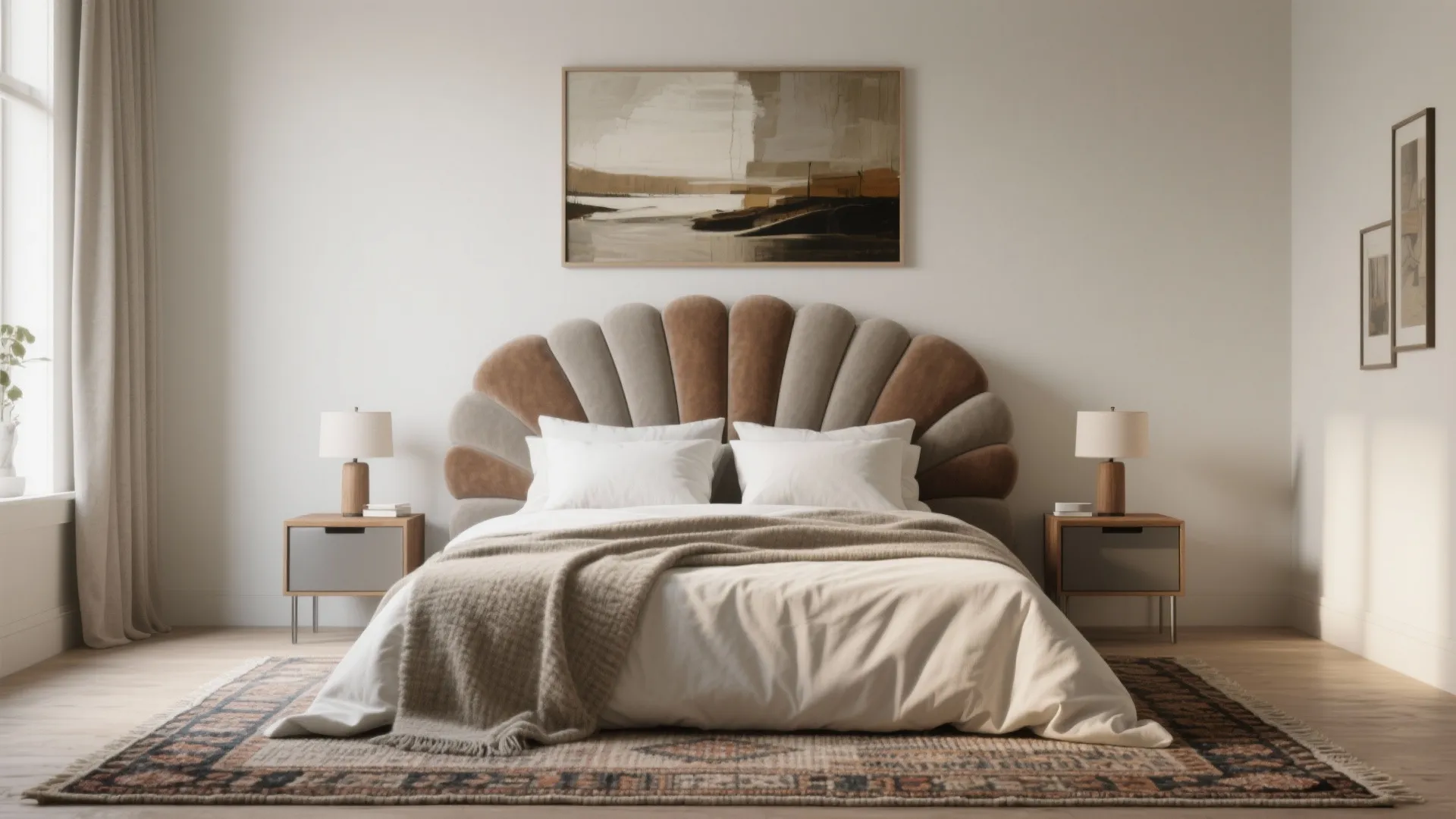 Modern bedroom with a unique fan shaped headboard patterned area rug wall art and bedside tables