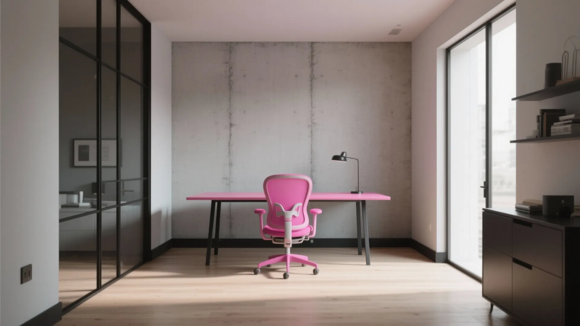 Modern minimalist office featuring concrete wall pink desk pink chair black light fixture wooden floor