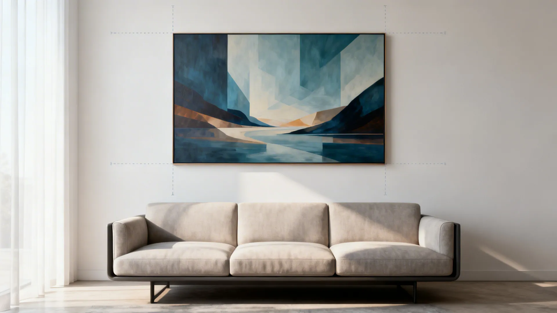 Large statement artwork sized correctly above a sofa with subtle scale markers.