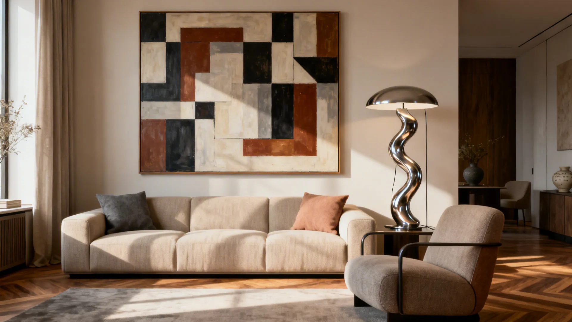 Living room anchored by an oversized painting and minimal furnishings.