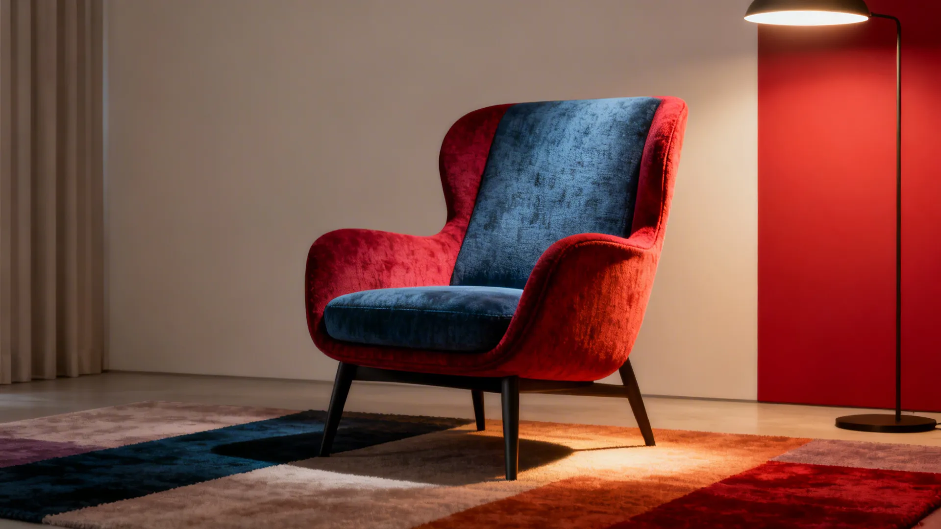 Modern red and blue velvet chair on a colorful rug with a standing light fixture nearby