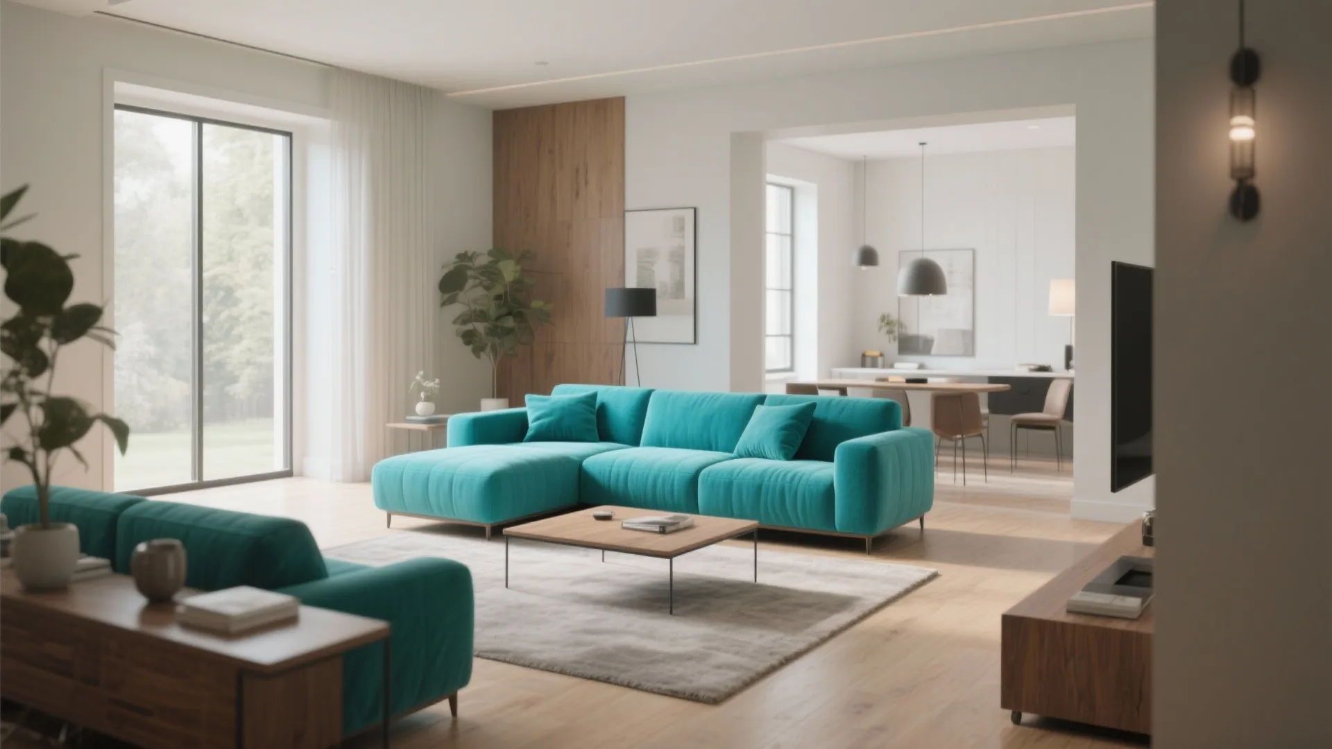 Modern living room with a bright teal sofa wooden coffee table and light grey floor rug