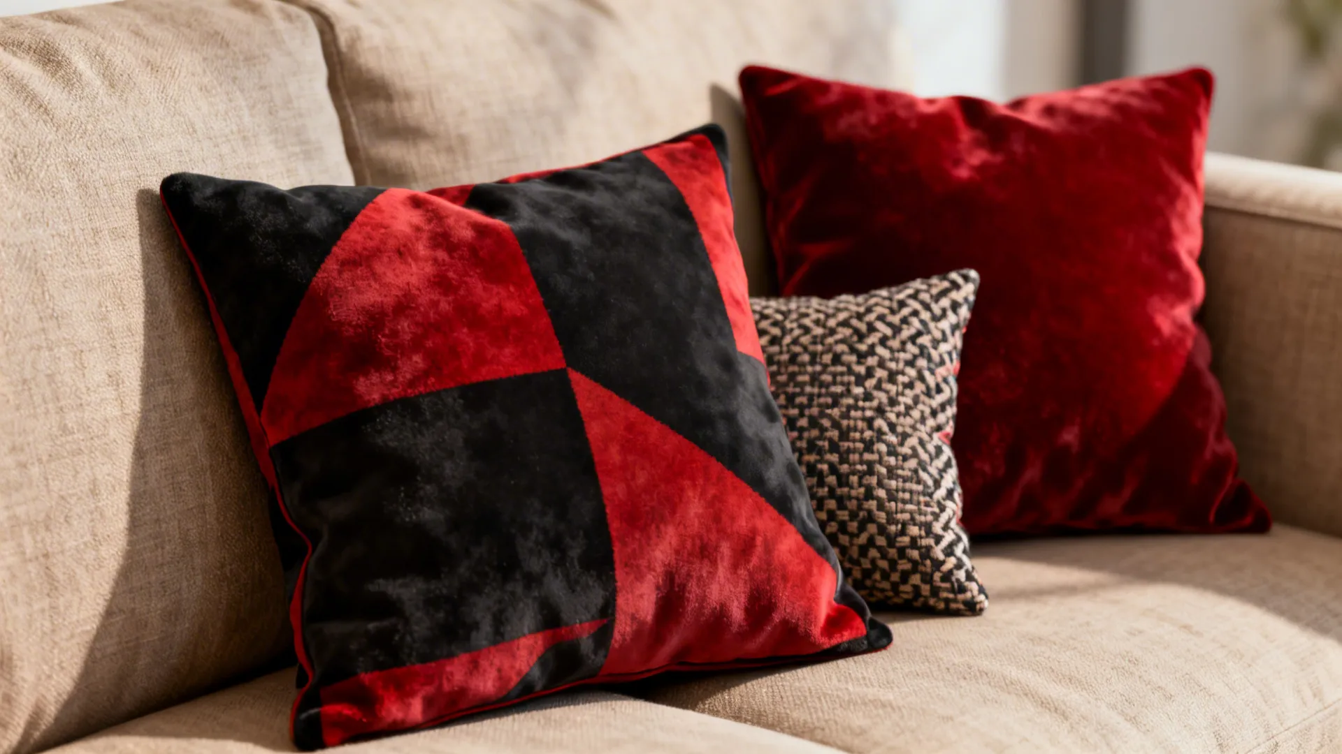 Close-up of red and black patterned and velvet throw pillows on a neutral sofa