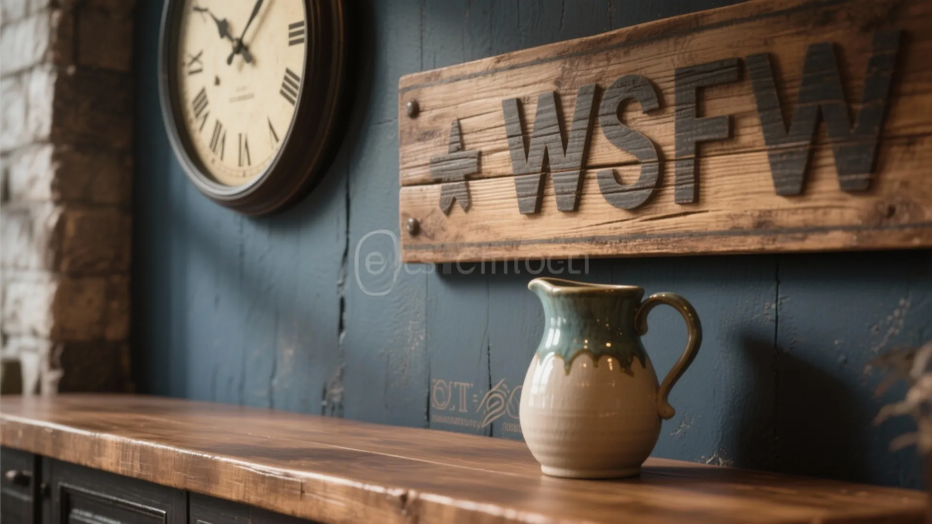 Rustic wooden shelf holding ceramic pitcher, vintage wall clock, and wooden sign on dark wall