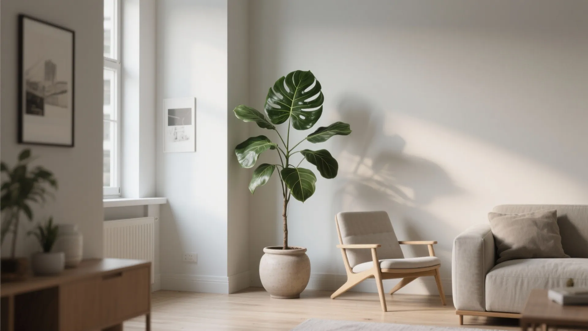 Minimalist living room corner featuring large green plant in pot beside wooden chair and sofa