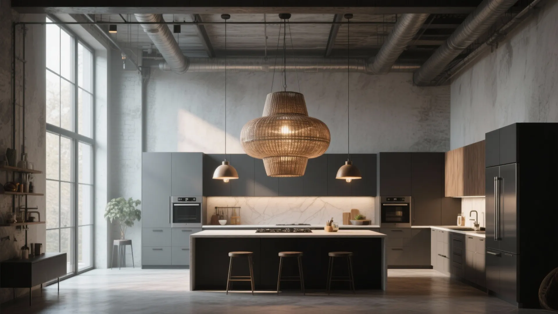 Industrial kitchen design with large woven ceiling light dark grey cabinets and island with stools