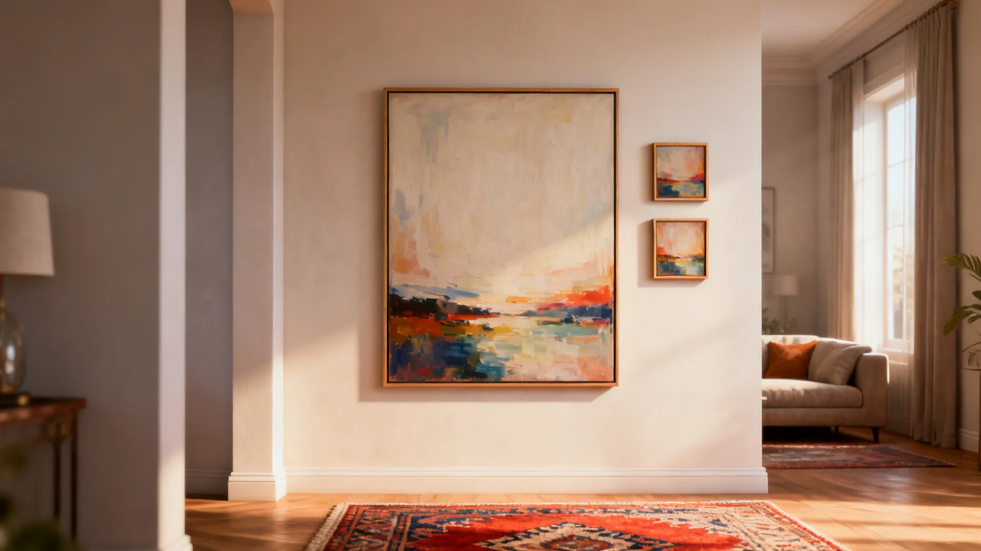 Large statement art with a small cluster of complementary pieces on a compact wall