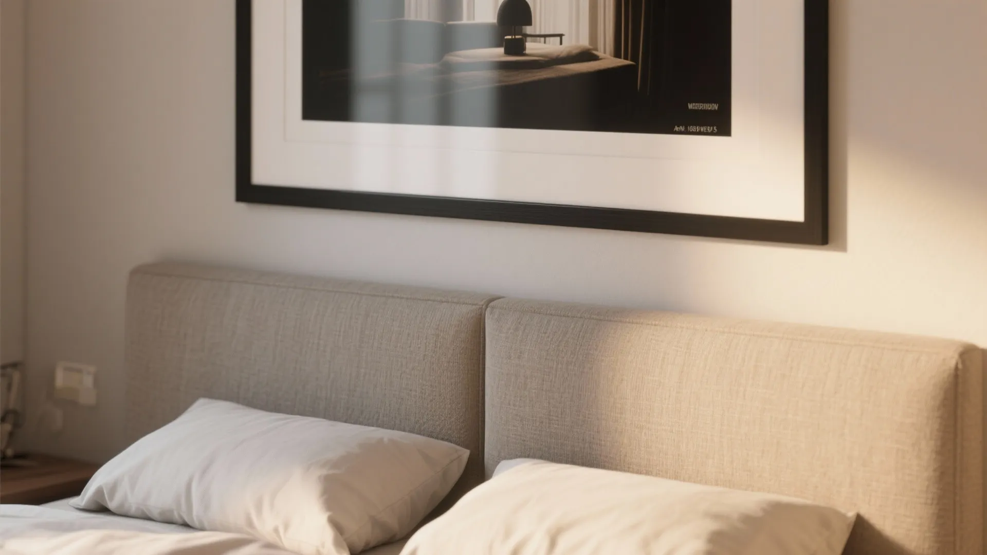 Close-up of an oversized framed print centered above a bed with neutral bedding and measured spacing.
