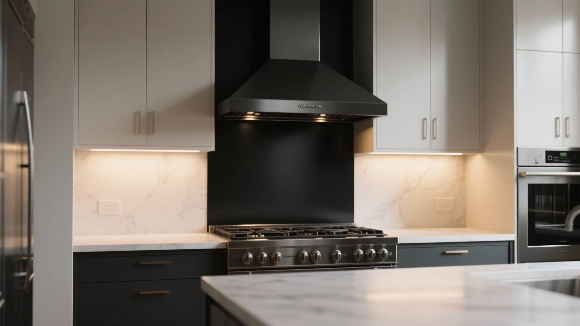 Kitchen scene with a single matte black range and hood as a statement focal point against neutral surroundings and warm task lighting.