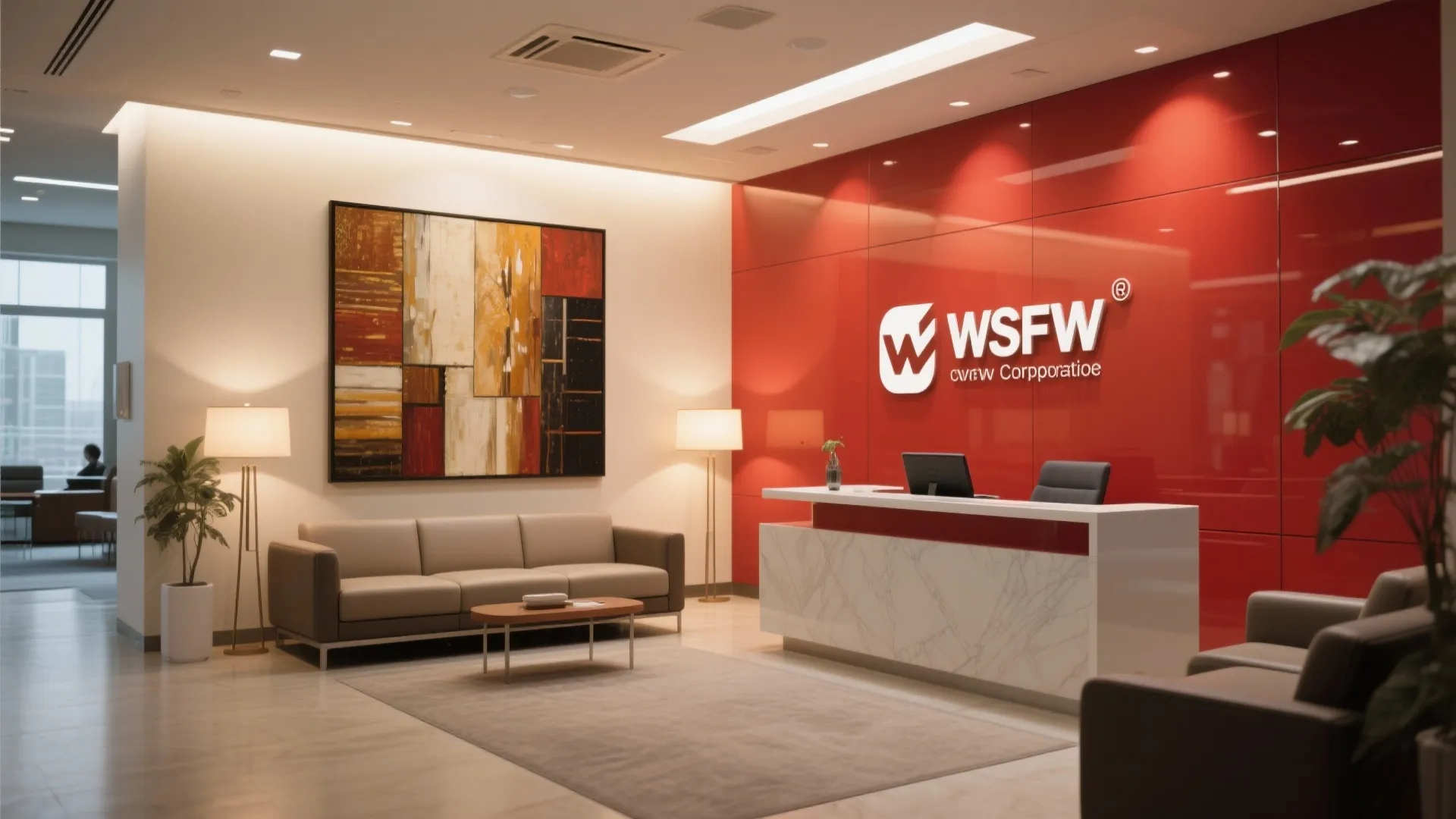 Modern office reception with red wall marble desk grey sofa floor lamps and large wall art