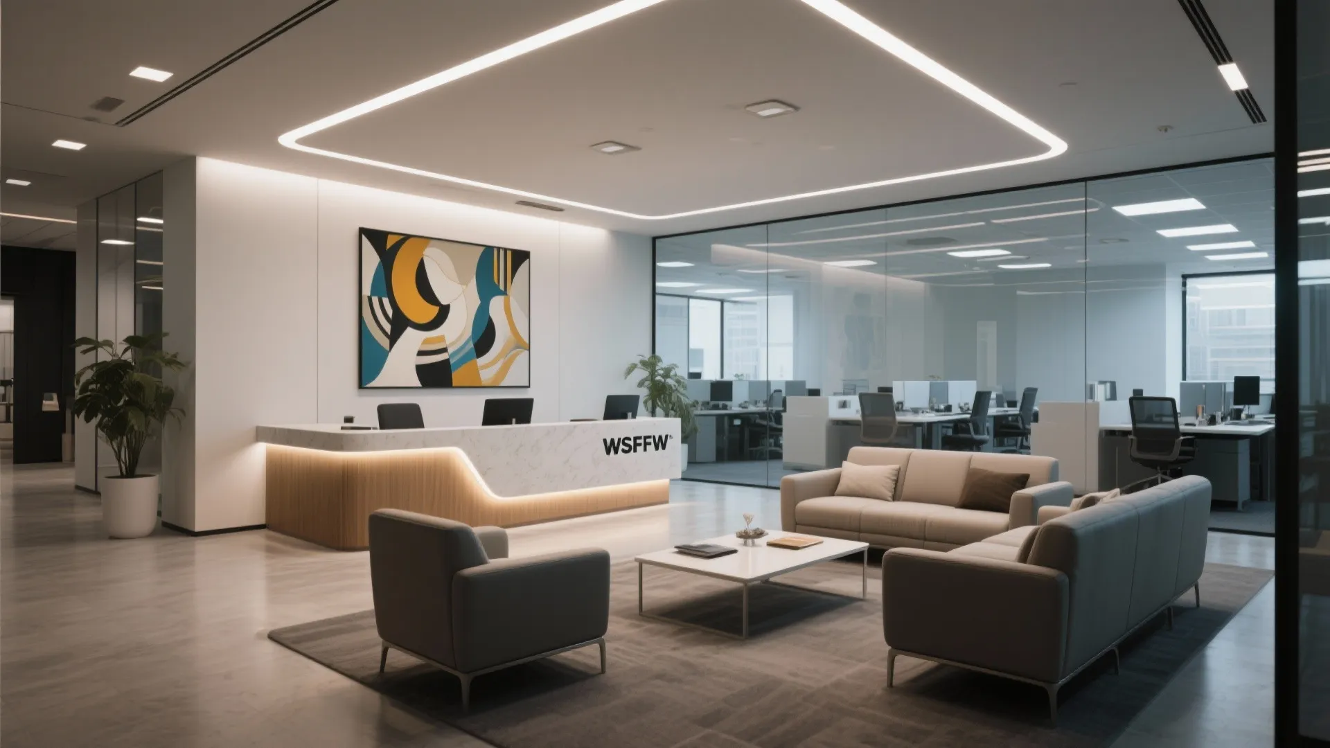 Modern office reception area with marble desk grey sofa waiting chairs and bright ceiling light