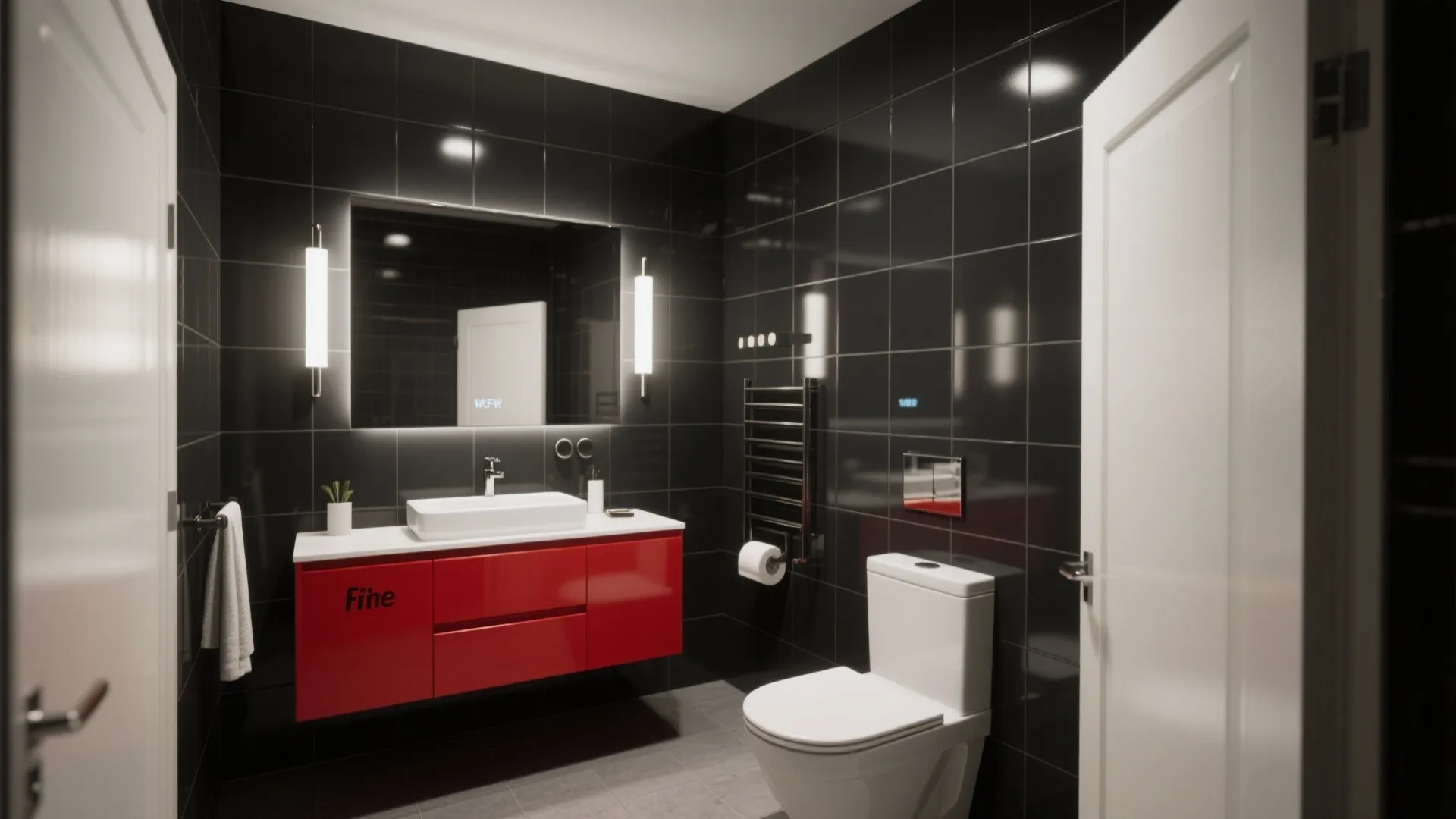 Black tiled bathroom featuring a red floating cabinet, white toilet, illuminated mirror, and wall lights